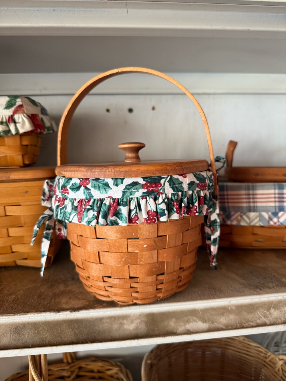 Longaberger Brown Wood Basket with Holly-Print Liner